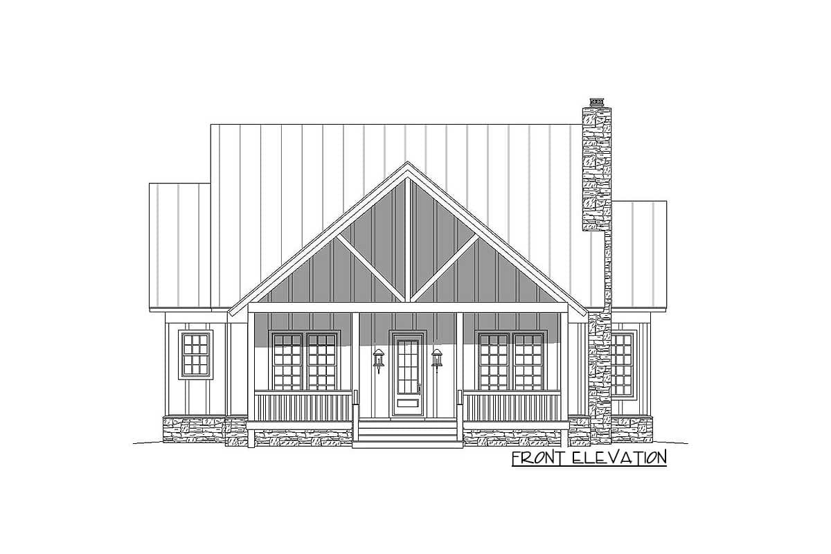 Front elevation drawing of a one-story house plan with a covered porch, gabled roof, and stone chimney.