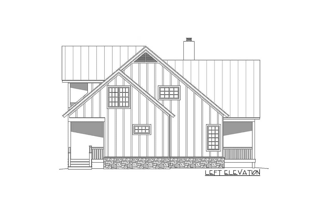 Left elevation drawing of a two-story house with a metal roof, gabled dormer, covered porch, and stone foundation.