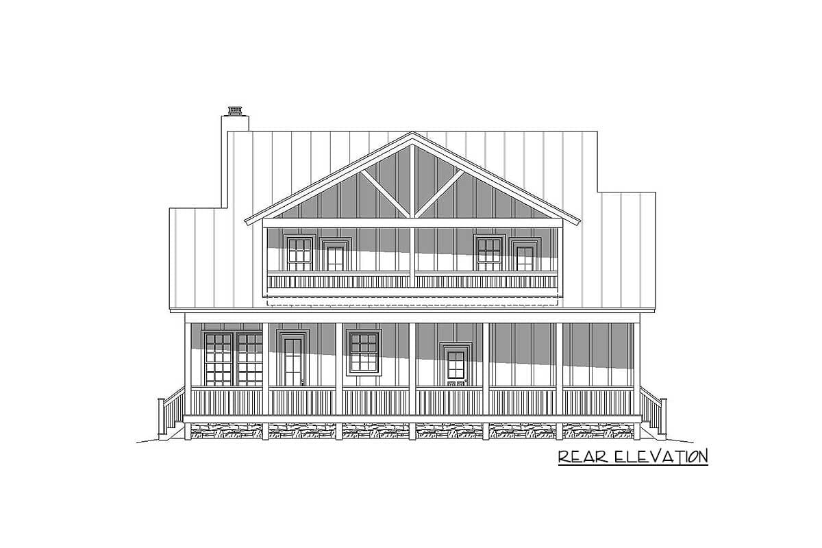 Rear elevation drawing of a two-story house plan with full-width porches on both levels and a prominent gable.
