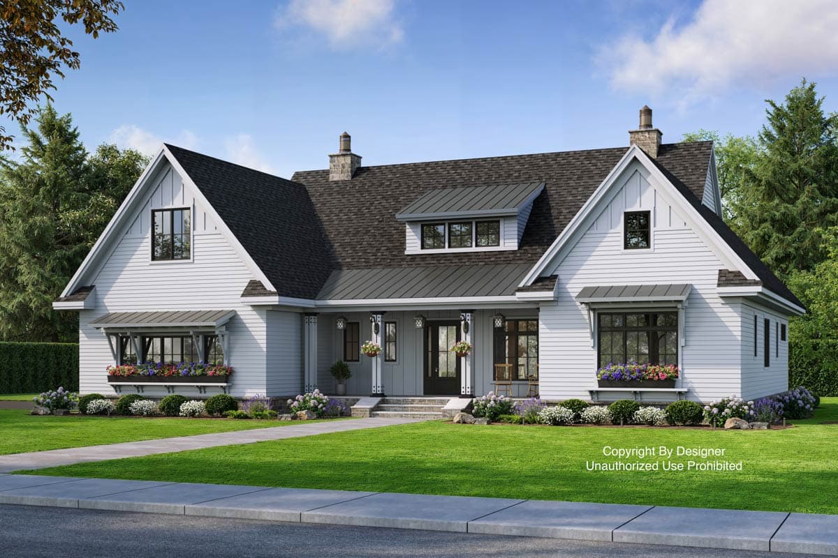 House plan exterior: Modern Farmhouse style, one story, with gables, dormers, covered porch and stone chimney accents.