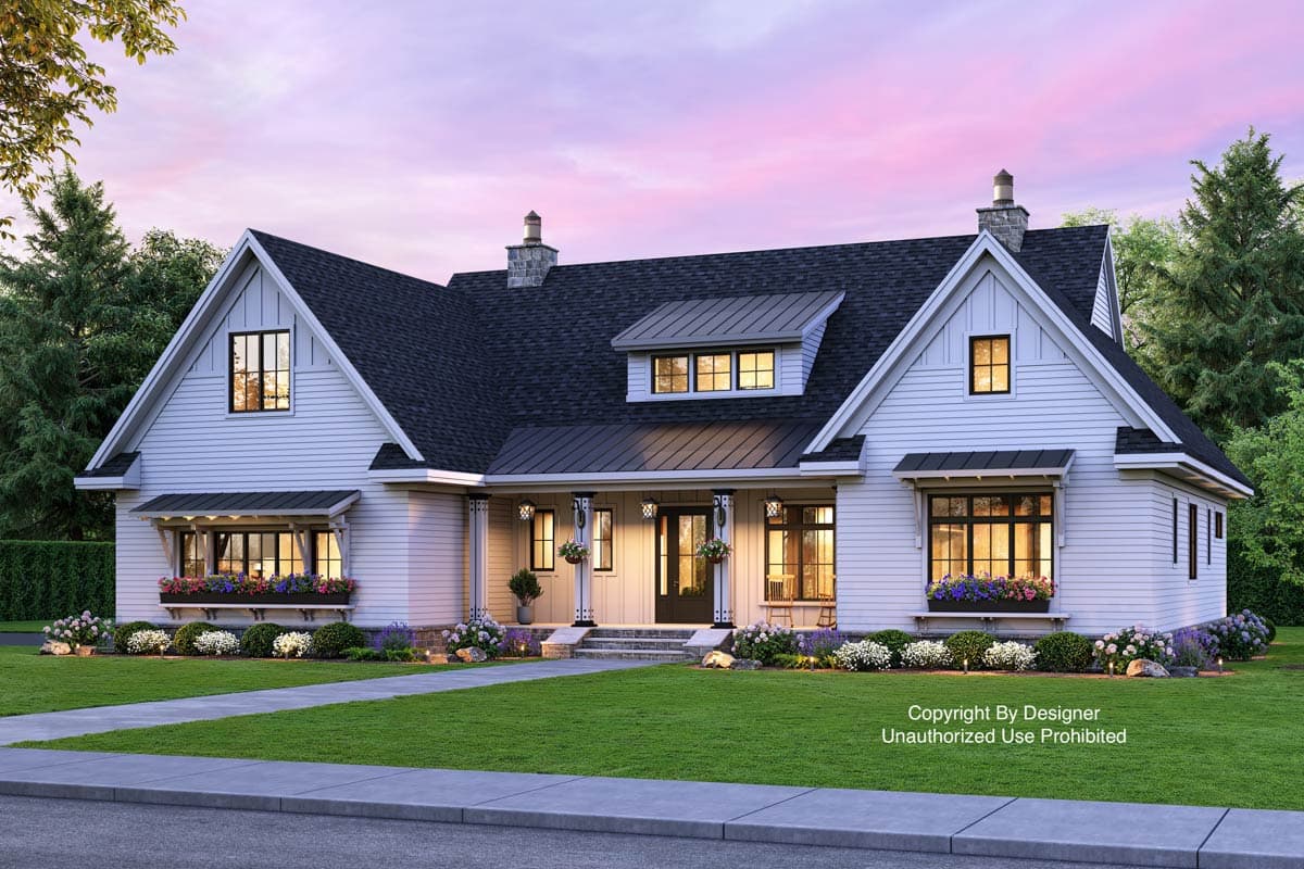 House plan exterior. Farmhouse style with two stories, gabled roof, covered front porch, and dormer windows.