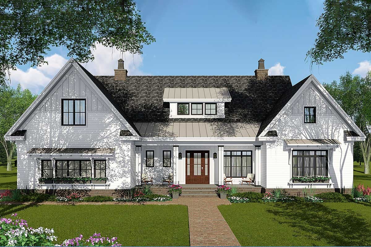 Modern Farmhouse house plan exterior with a covered front porch, metal roof dormer, and board and batten siding.
