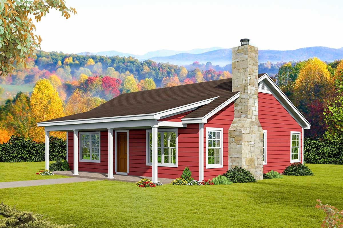 House plan exterior with red siding, stone chimney, and covered porch. Features include gable roof and multiple windows with white trim.