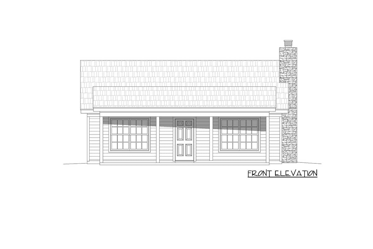 Front elevation drawing of a single-story house with a covered porch, double front door, two multi-pane windows, and a stone chimney.
