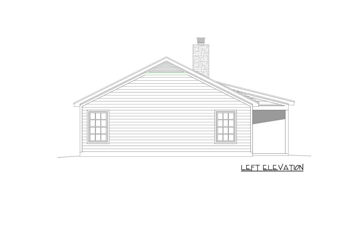 Left elevation drawing of a house plan featuring a gabled roof, clapboard siding, two windows, and a chimney.