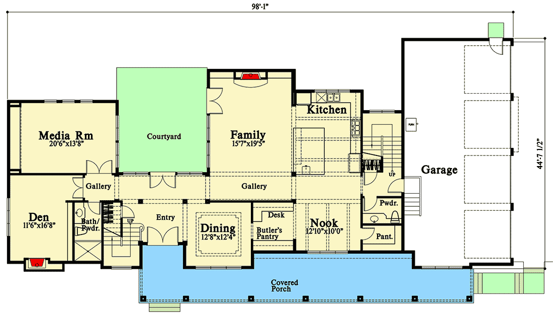 Plan 785000KPH: Luxurious 4-Bed Craftsman House Plan with Media Room and Courtyard - Floor Plan - Main Level - Coastal, Craftsman, Modern Farmhouse, New American, Northwest