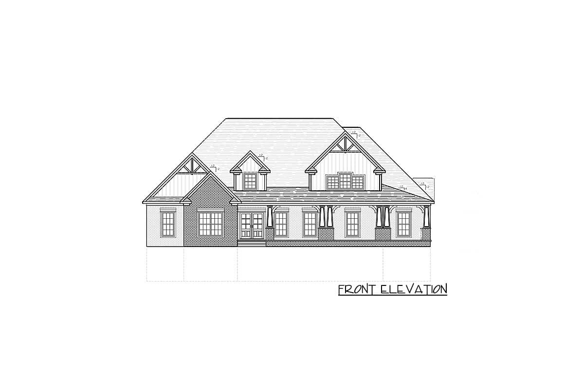 Front elevation drawing of a two-story house plan with a wrap-around porch, multiple gables, and dormer windows.