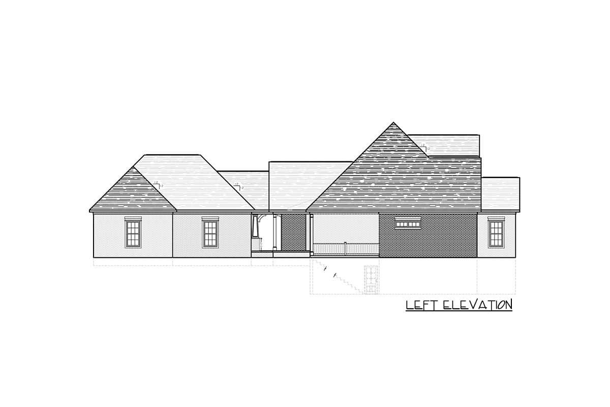 Left elevation drawing of a single-story house plan, showing varied rooflines, windows, and a covered porch.