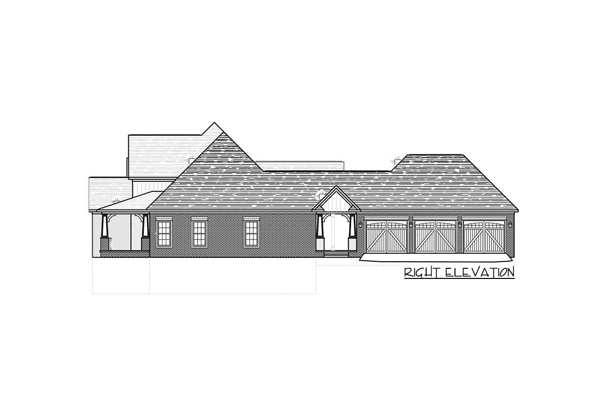 Right elevation house plan with brick exterior, covered front porch, and three-car garage.