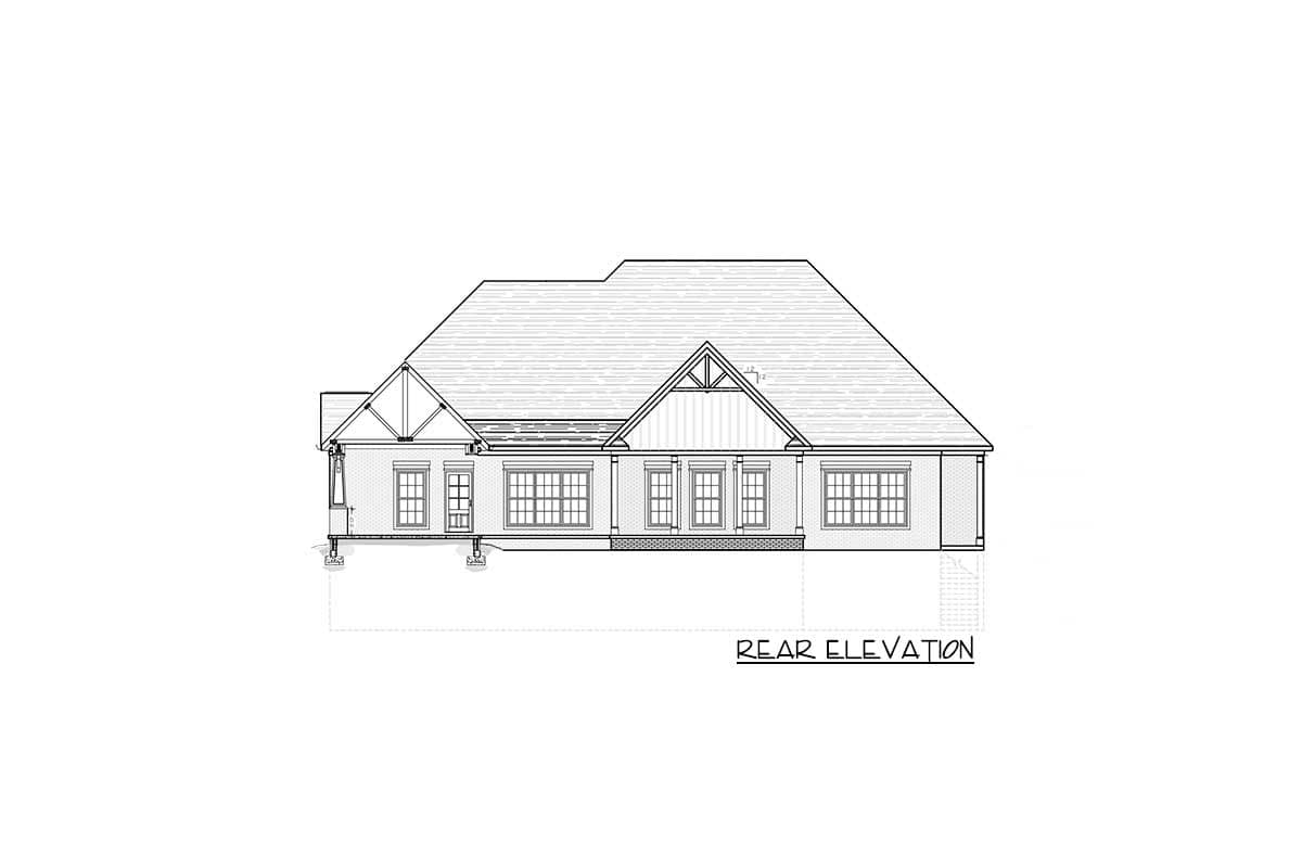 Rear elevation drawing of a house plan with prominent gables, multiple windows, and a hip roof.
