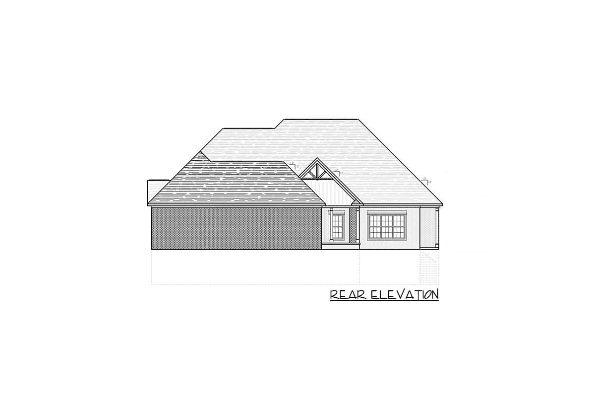 Rear elevation drawing of a house plan with brick siding, a prominent gable with exposed rafter tails, and a multi-pane window.