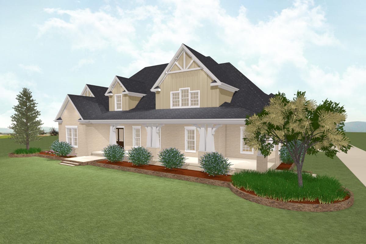 House plan exterior: Ranch style, full-width covered porch with columns, multiple gables, and dormer windows.