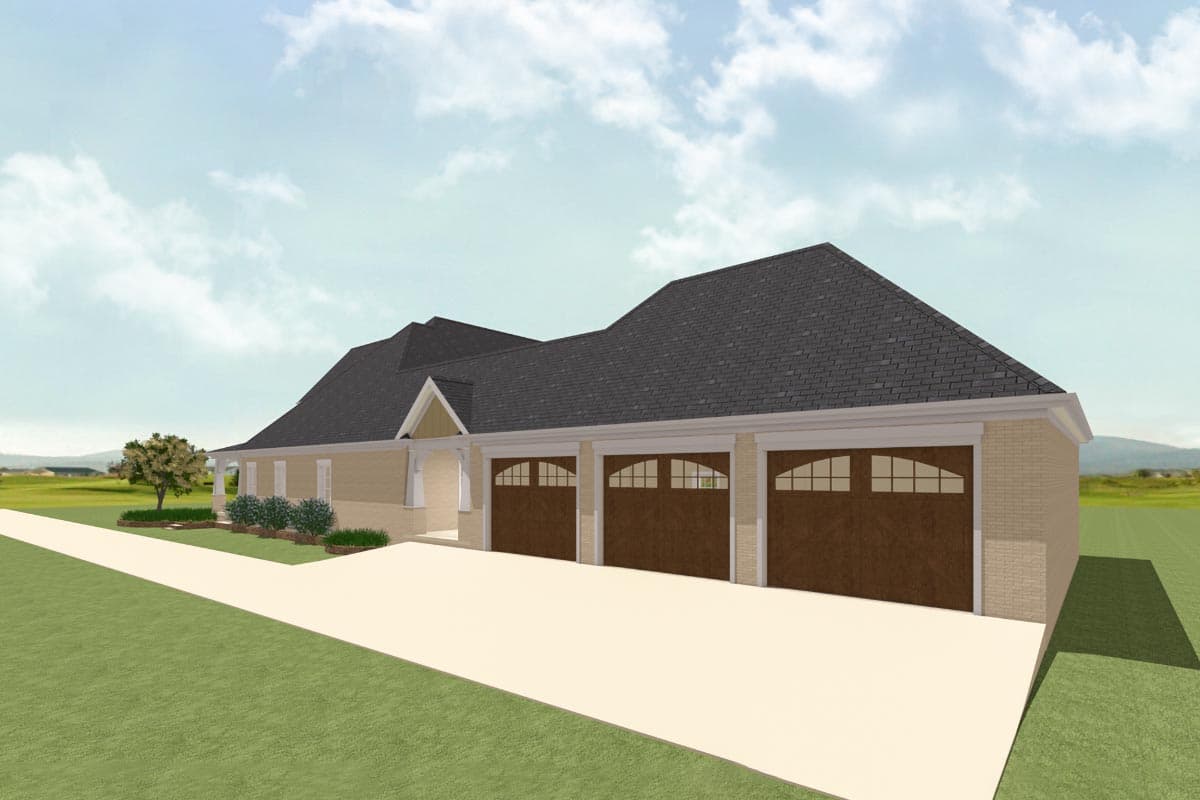 House plan exterior featuring a hip roof, brick facade, and a three-car garage with arched windows.