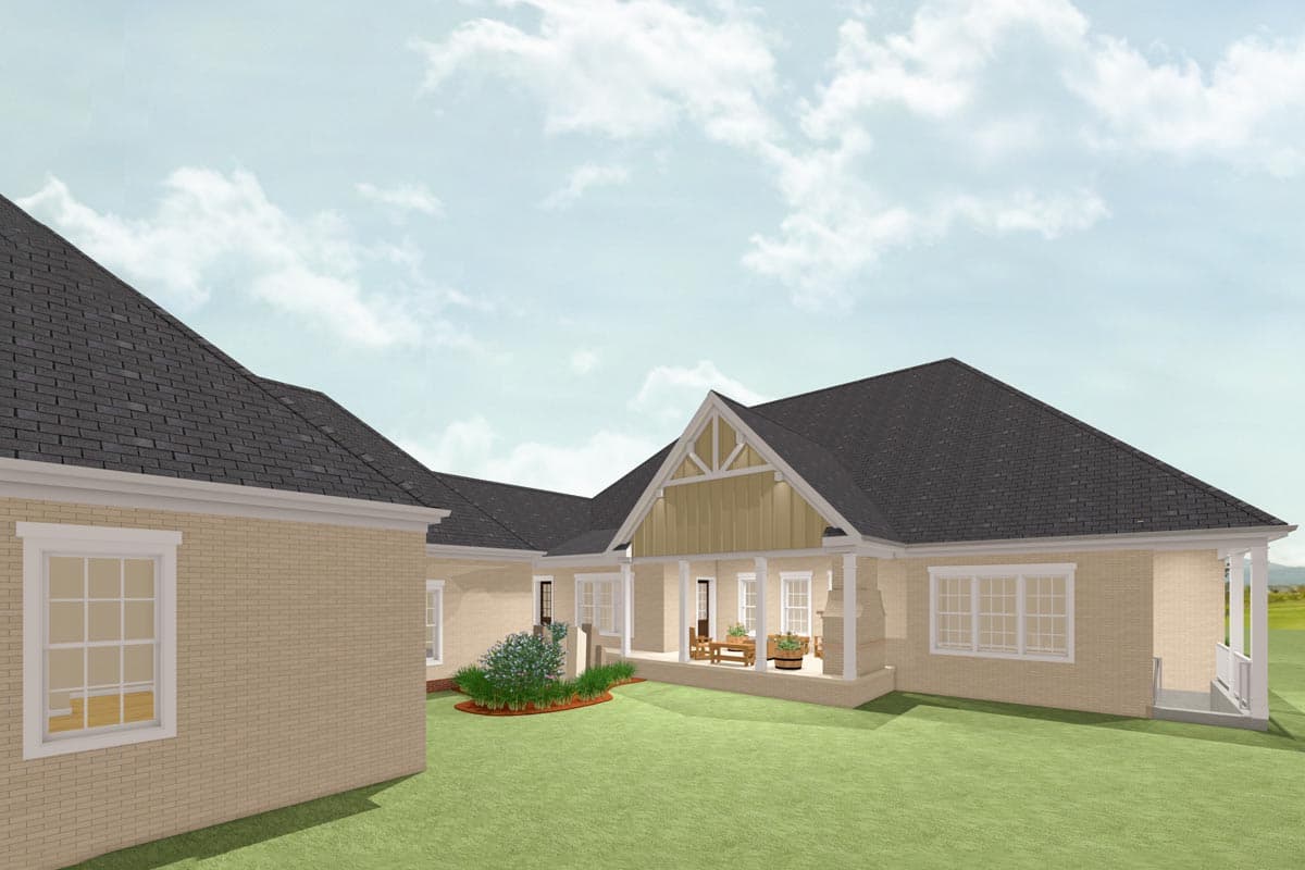 House plan exterior rendering of a single-story home with brick facade, covered porch, gabled roofline, and white-trimmed windows.