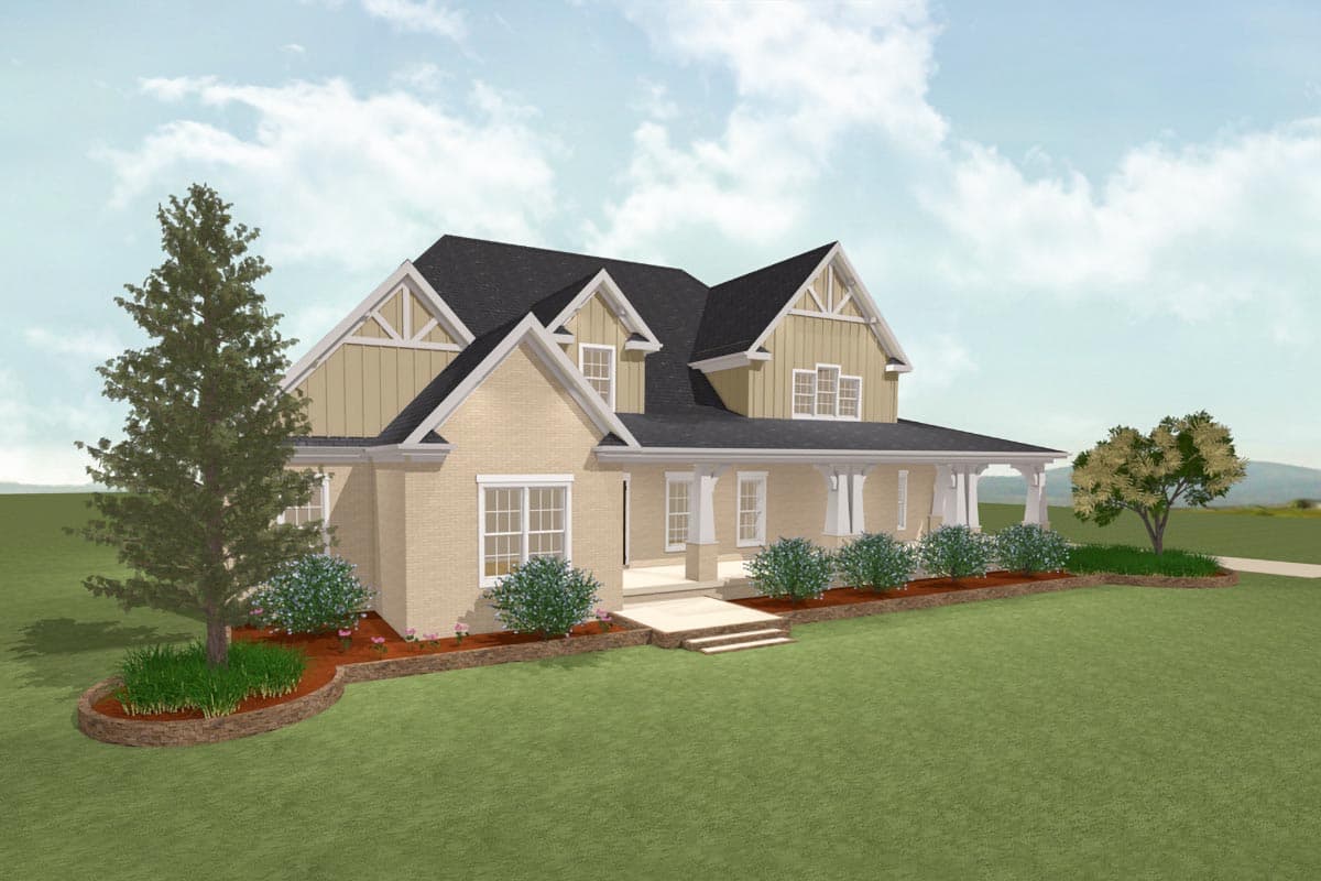 House plan exterior: Two-story Modern Farmhouse with brick facade, wraparound porch, gables, and dormers.