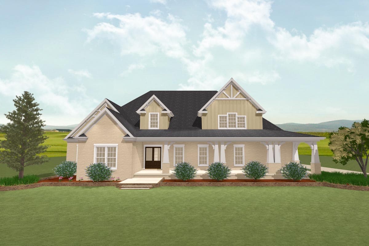 House plan exterior. Two-story farmhouse with a front porch, gables, dormers, and a dark roof. Stone and wood siding.