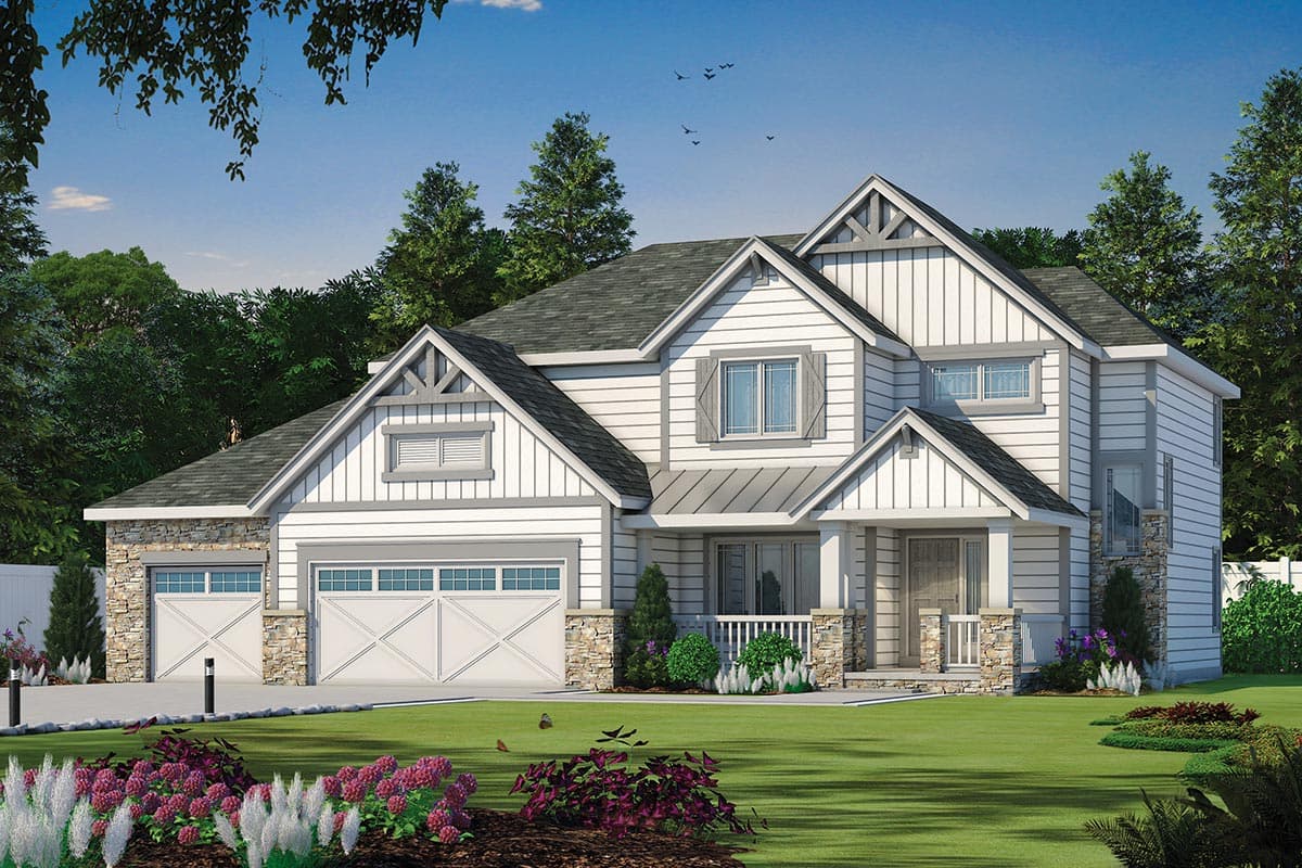 Modern Farmhouse house plan exterior with stone accents, gables, and a covered front porch with a metal roof.