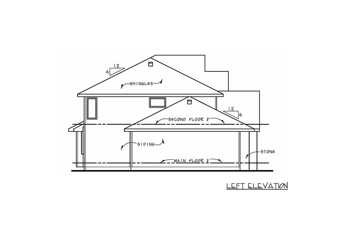 Left elevation drawing of a two-story house with shingled roof, siding, and stone accents.