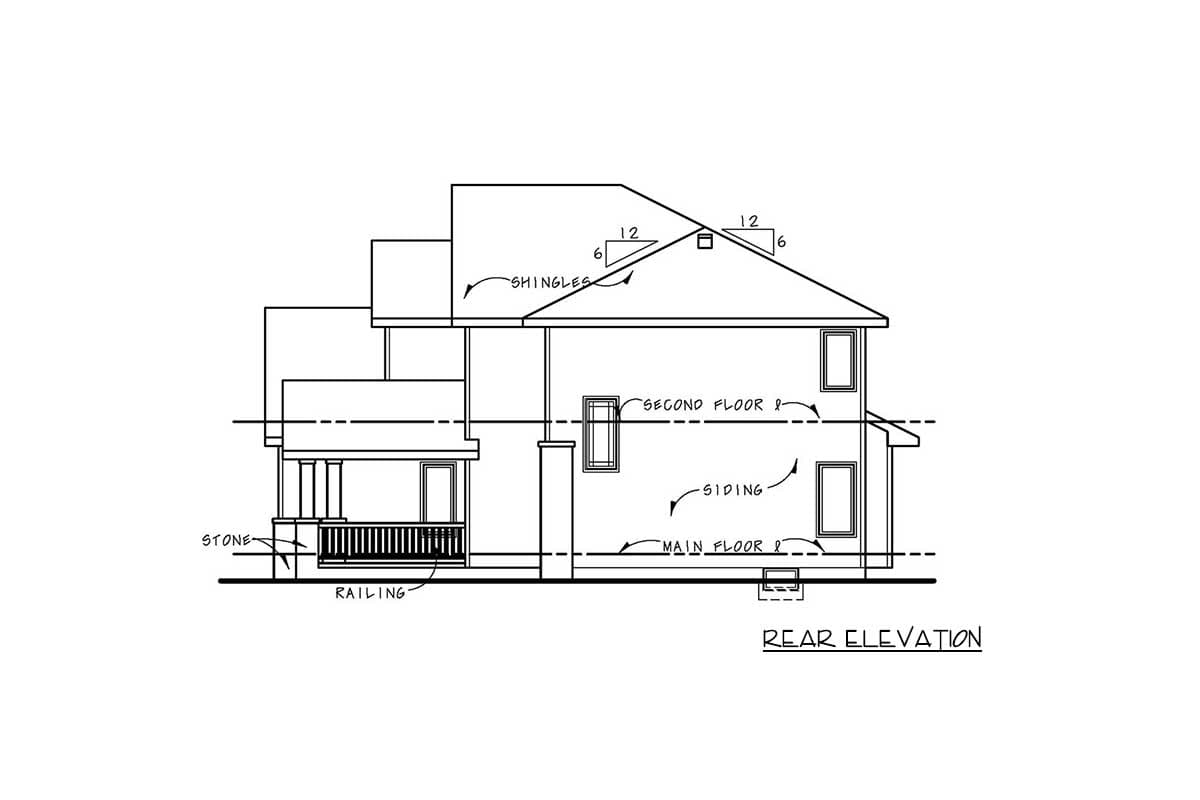 Rear elevation drawing of a two-story house with a covered porch, stone base, siding, and shingled roof.