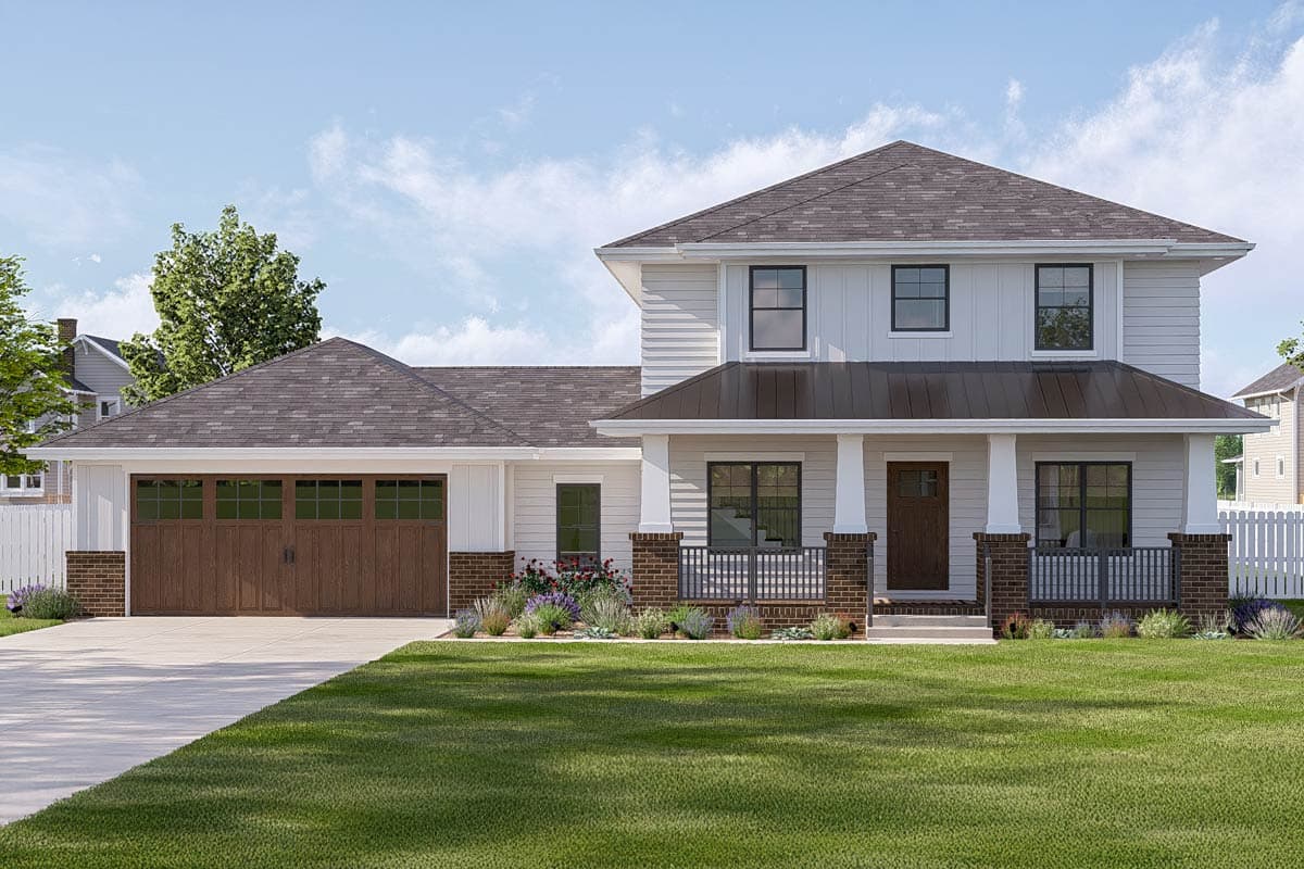 House plan exterior. Two-story home with a gabled roof, a front porch, and an attached garage with carriage-style doors. Board and batten siding.