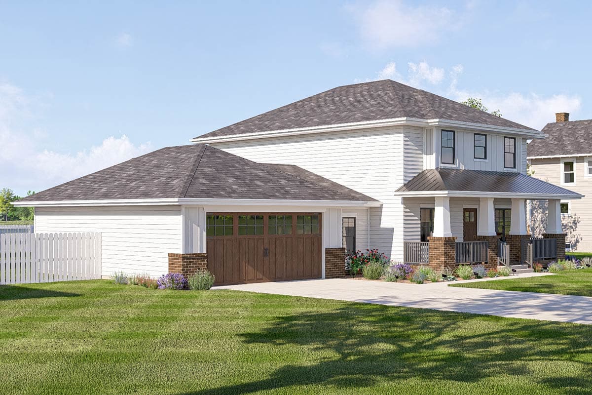 House plan exterior: Two-story home with a gabled roof, wide front porch with brick columns, and a side-entry garage with a multi-pane door.