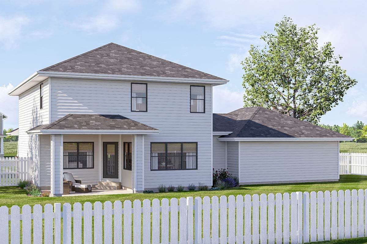 Two-story house plan exterior with a covered front porch, siding, gabled roof, and attached garage.