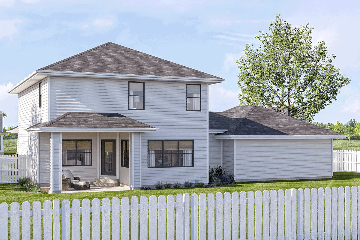 House plan exterior: Two-story siding, gabled roof, covered front porch with support columns, and attached garage.