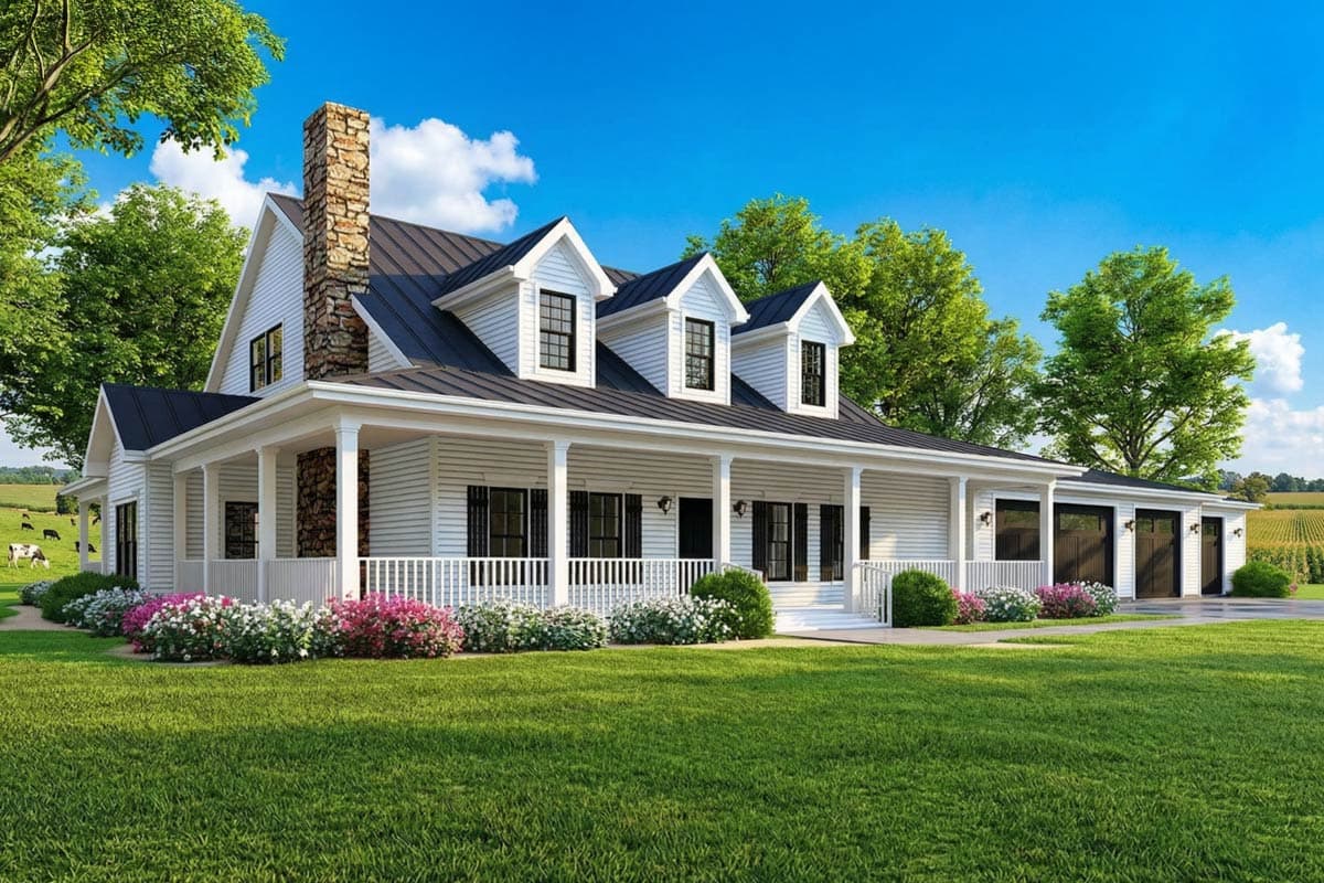 A white farmhouse with a black roof and stone chimney, set against a blue sky. A wraparound porch features white columns and flowers.