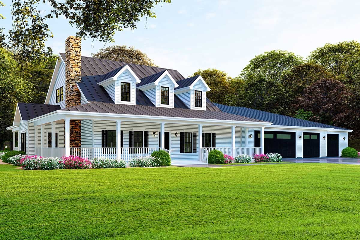 House plan exterior: Ranch-style home with wrap-around porch, stone chimney, multiple gables, and a three-car garage.