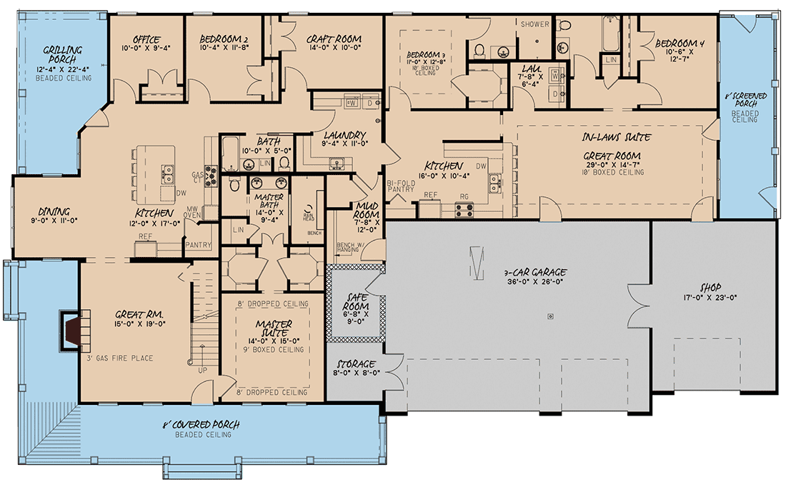 Plan 70607MK: Multi-Generational Modern Farmhouse Plan with Two Kitchens and Two Laundry Rooms - 3416 Sq Ft - Floor Plan - Main Level - Country, Farmhouse, Modern Farmhouse, Southern, Traditional
