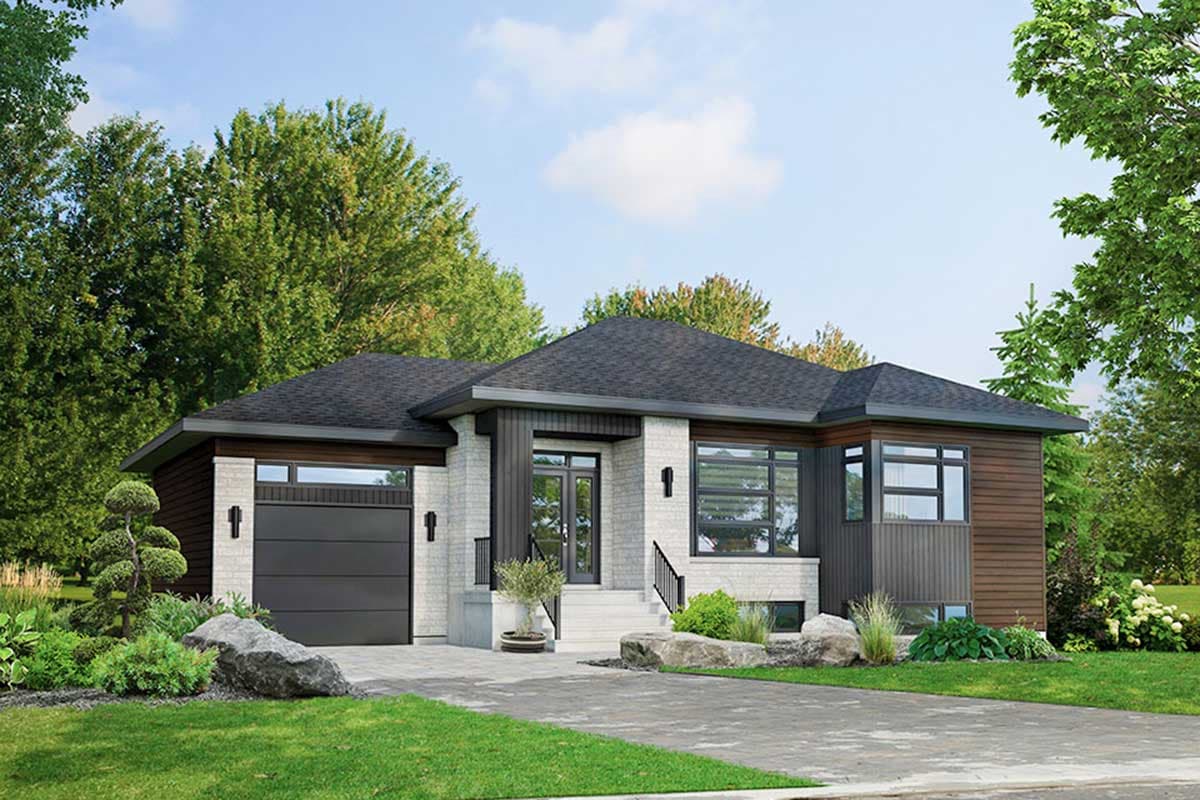 House plan exterior. Modern style, one-story home with a flat roof and horizontal siding. Features include a two-car garage, and large windows.