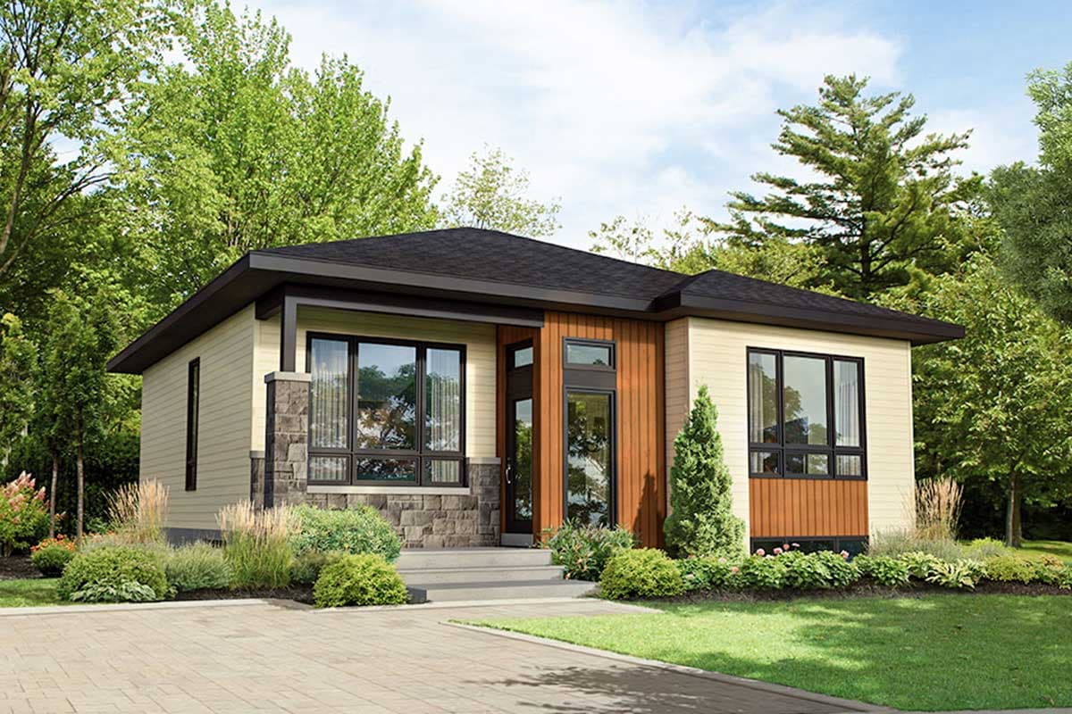 House plan exterior. Modern style, one story, flat roof. Features include stone accents, wood siding, and large windows with dark trim.