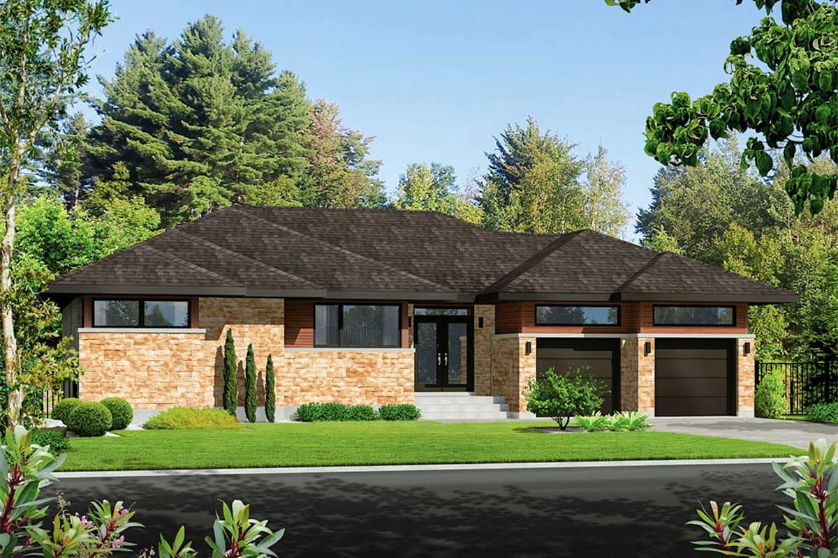 House plan exterior. Ranch-style home with a low-pitched roof, stone veneer, and two-car garage. Windows above the garage doors are visible.