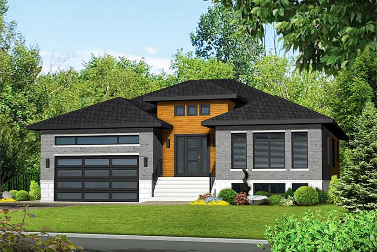 House plan exterior. Modern style with flat and gabled rooflines, stone facade, a multi-pane garage door, and a covered entry with steps.