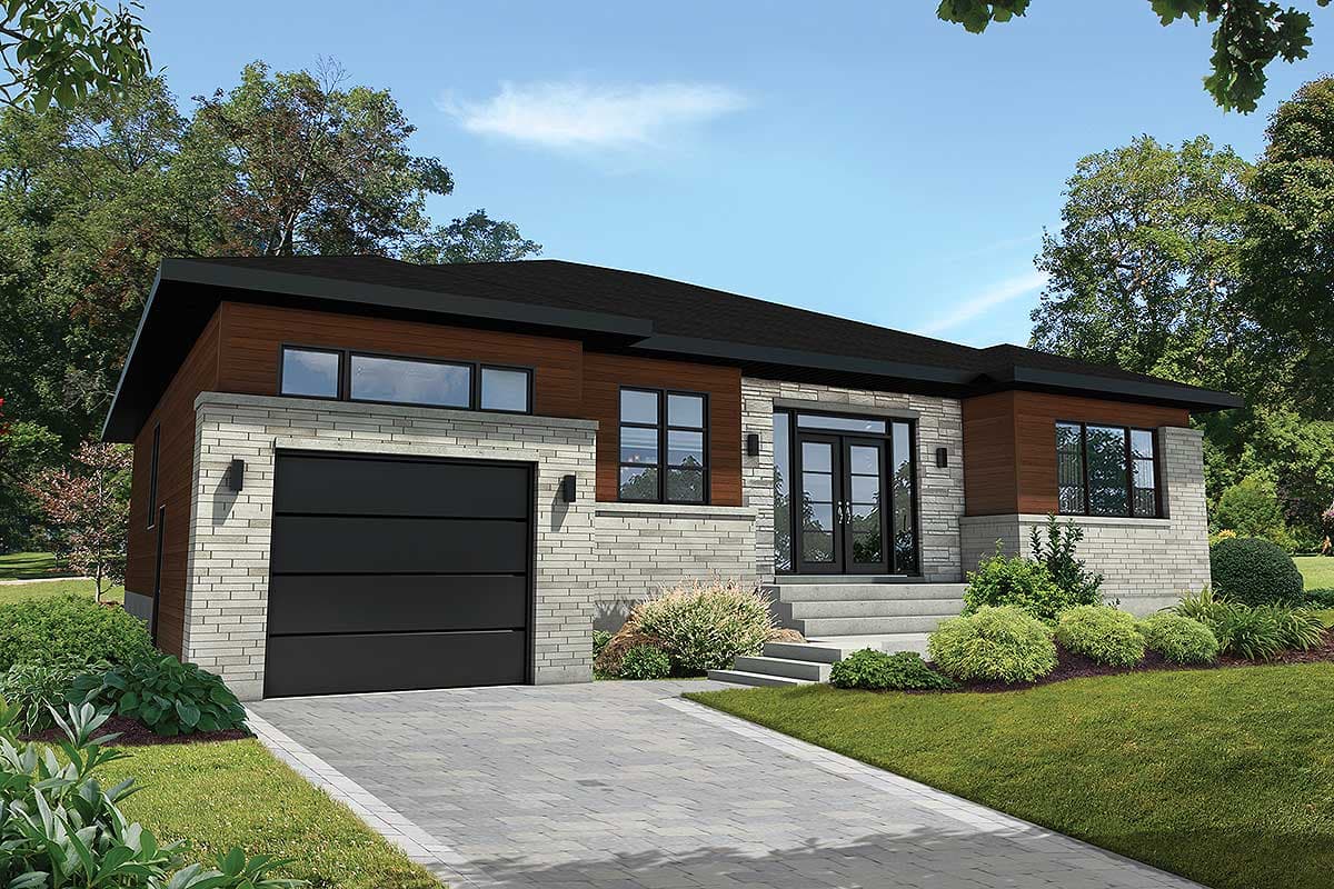 House plan exterior. Modern, one-story home with a flat roof, brick facade, and attached garage. Features include wood accents and double front doors.