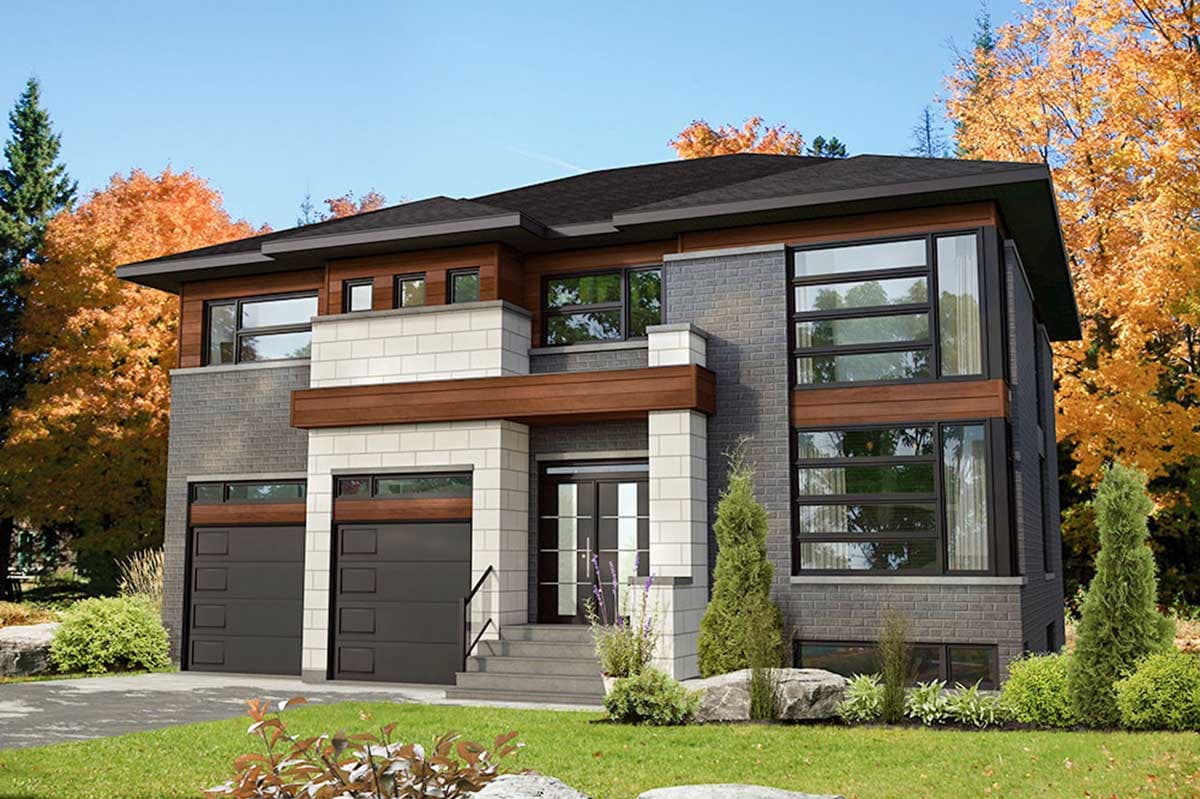 House plan exterior with two stories, flat roof, and modern design. Features include a two-car garage, large windows, and a covered entry.