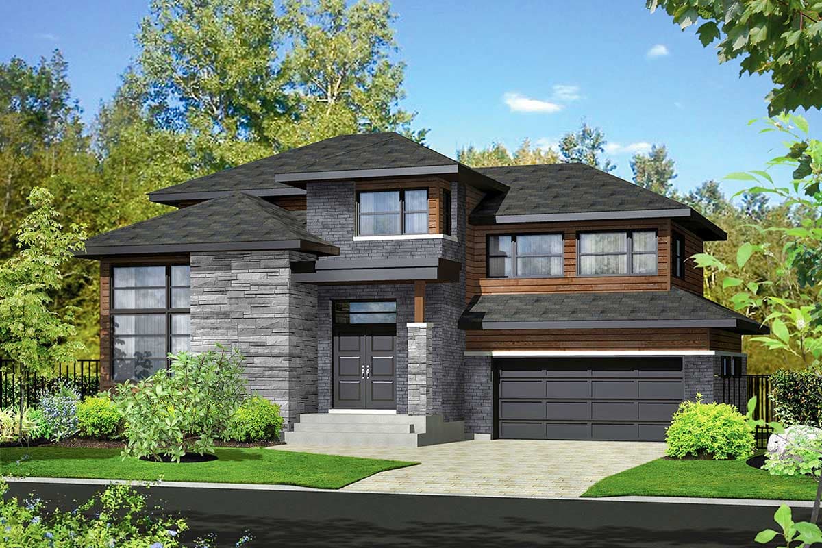 House plan exterior. Two-story Modern house with stone facade, dark roof, and attached garage. Features include wood accents and multiple gables.