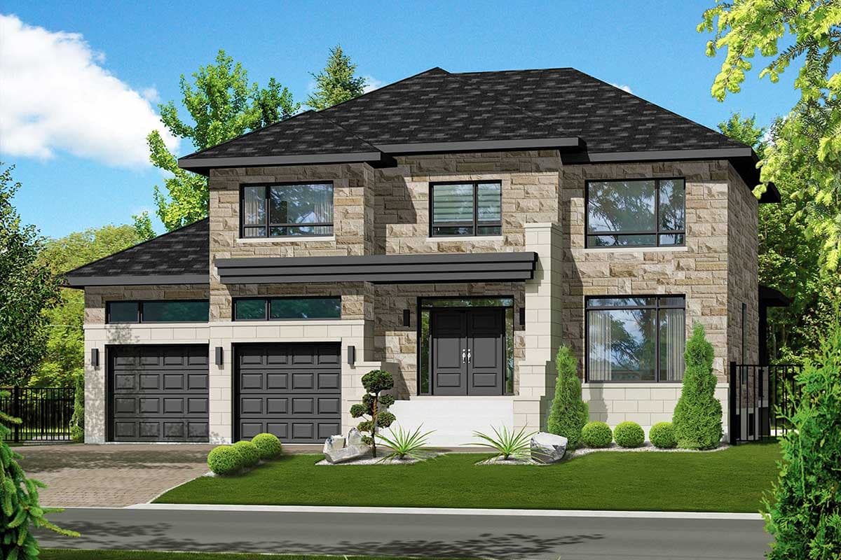 House plan exterior. Two-story home with stone facade, dark shingle roof, and a covered front entry. Features include two garage doors.