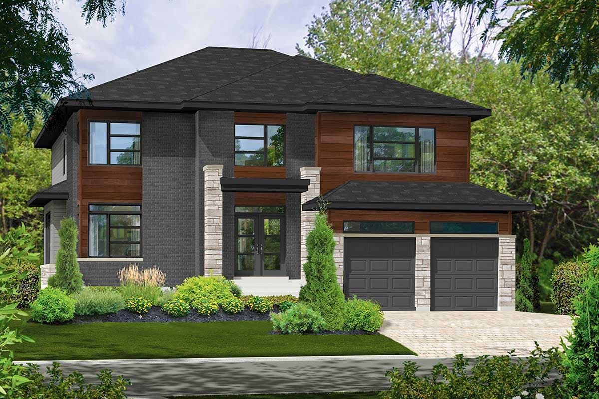House plan exterior. Two-story modern style home with flat roof, contrasting wood and brick siding, and attached two-car garage.