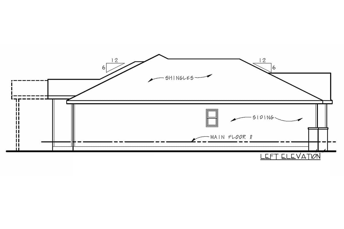 Left elevation house plan showing shingles roof, siding, and main floor line.