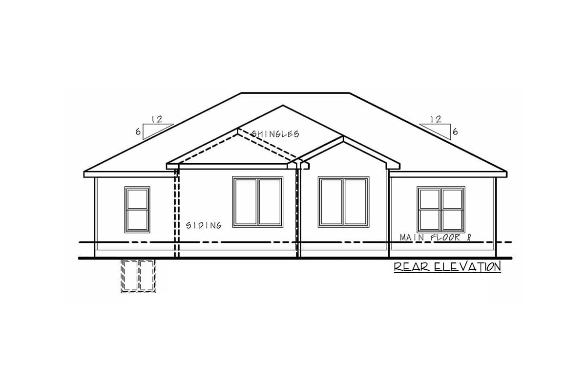 Rear elevation house plan drawing with siding, gabled roof, and windows.