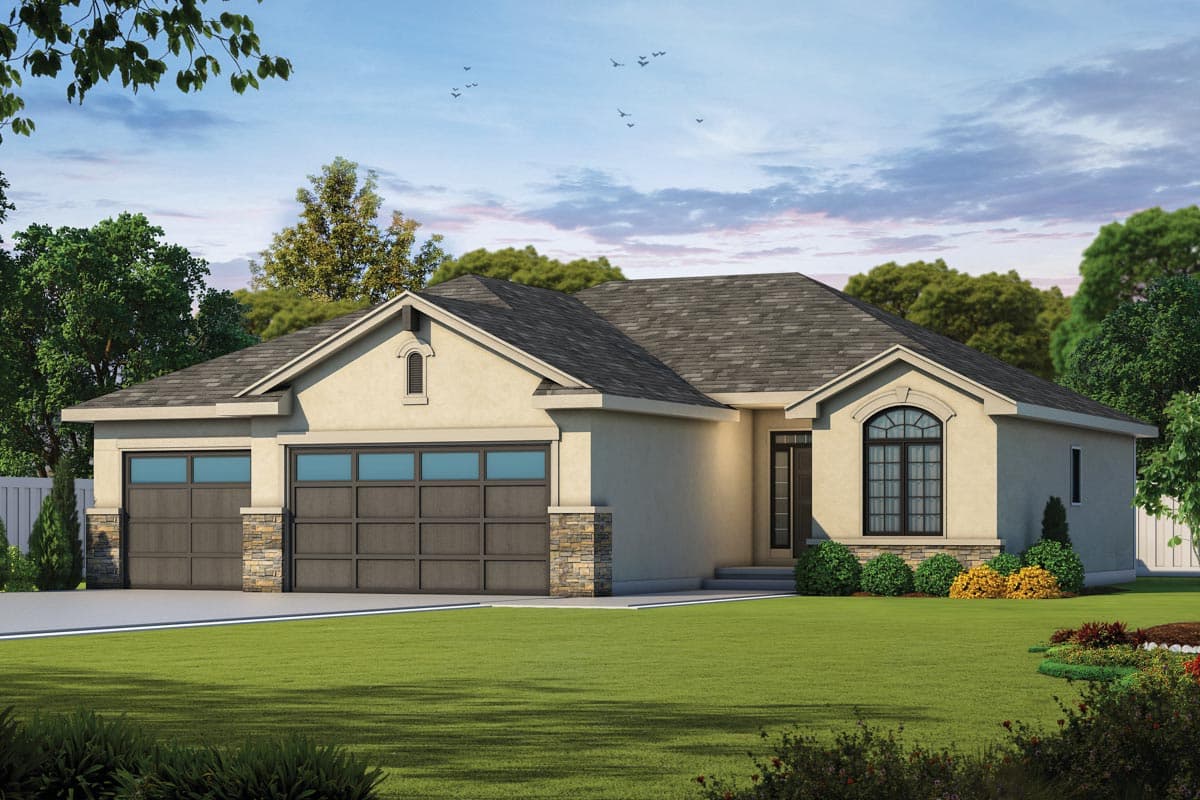 House plan exterior featuring a Ranch style with a two-car garage, arched window, and gable roofline.  Exterior has stone accents on garage.