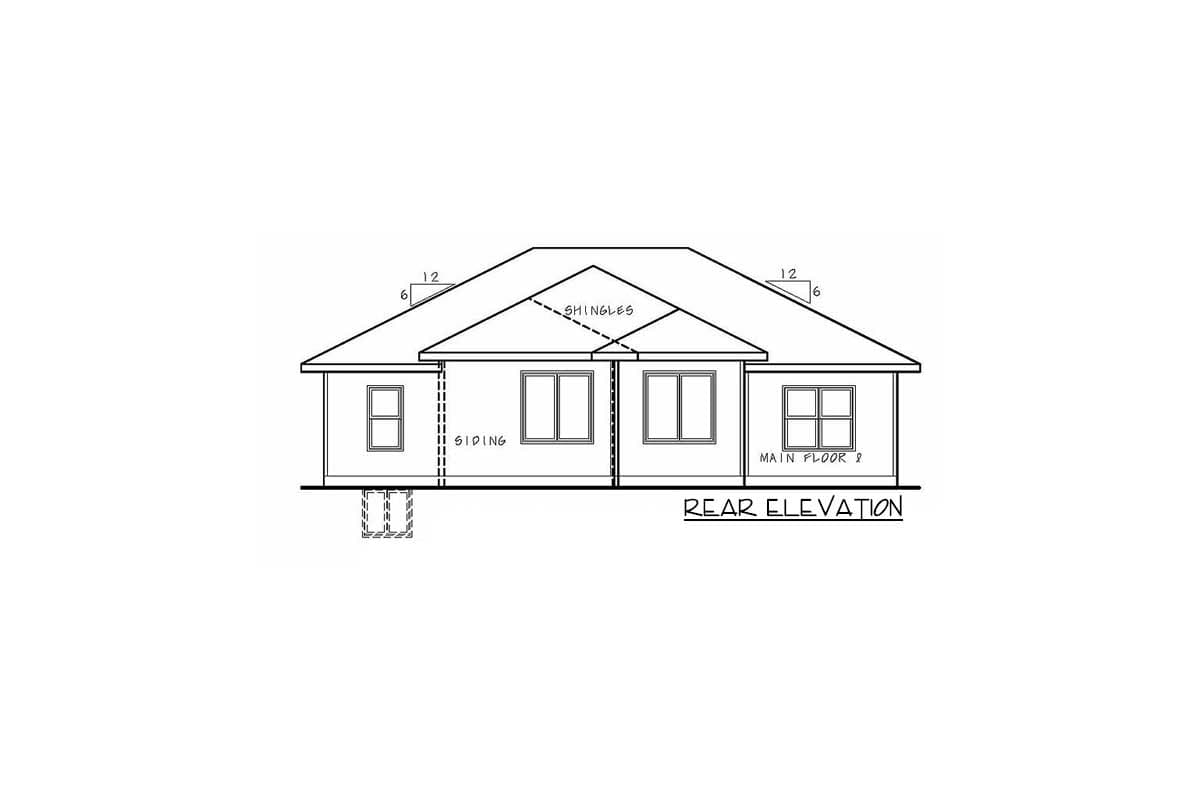 Rear elevation drawing of a single-story house plan with siding and gable roof.