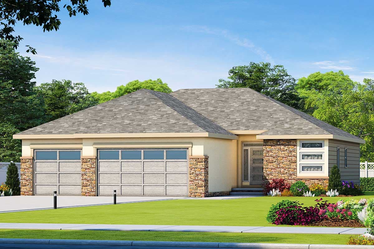 House plan exterior with two-car garage, stone accents, and low-slope roof. Includes a front entry with sidelights and decorative landscaping.