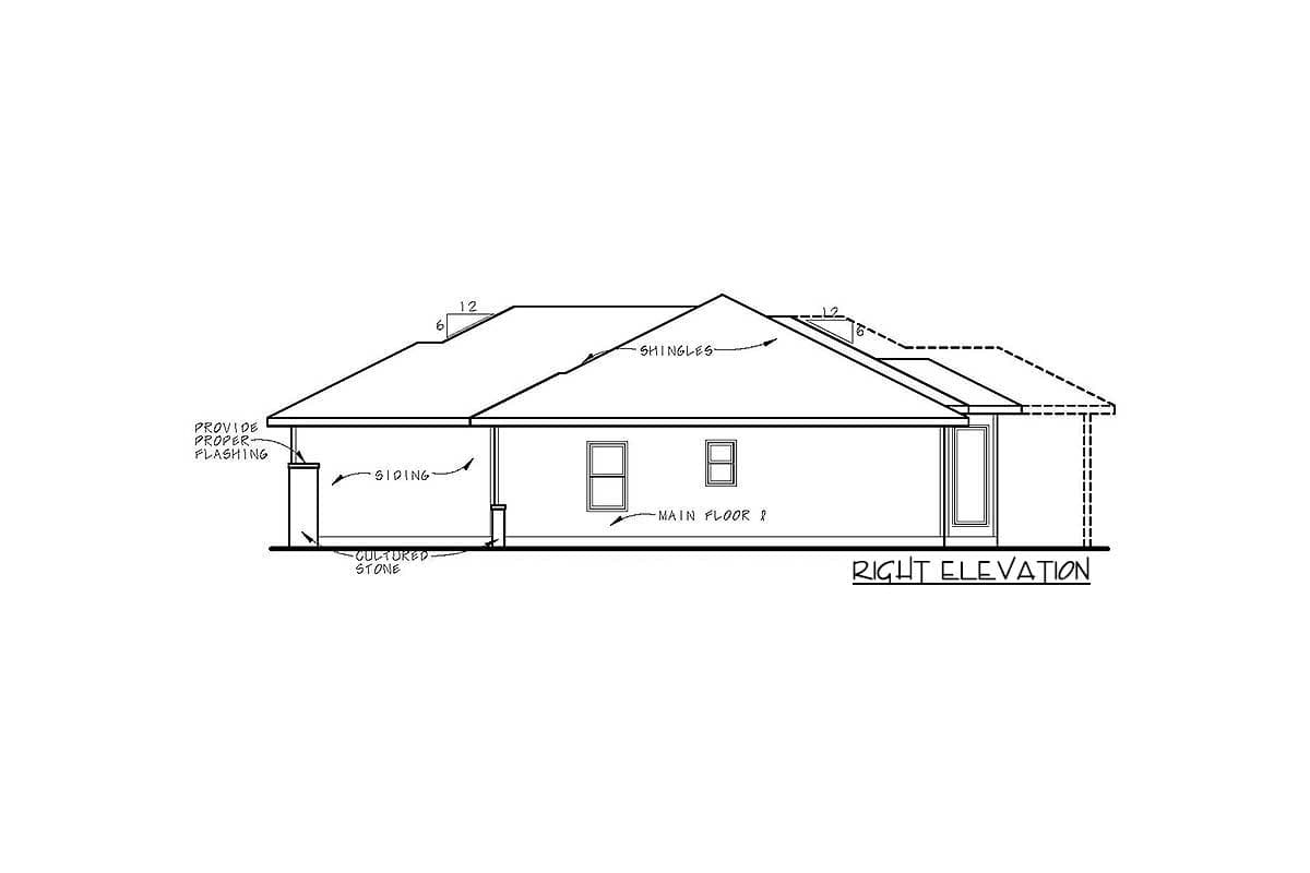 Right elevation house plan drawing showing siding, cultured stone, shingles, and windows on the main floor.