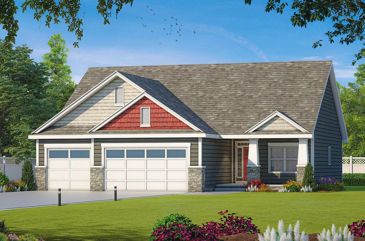 House plan exterior: one-story home with three-car garage, gable dormers, stone accents, and covered front porch.