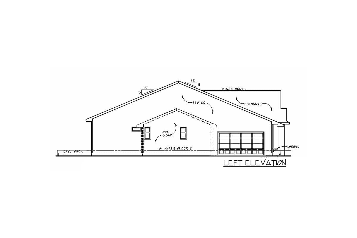 Left elevation floor plan drawing showing siding, shingles, ridge vents, optional deck, optional 3-car garage, and cordel.