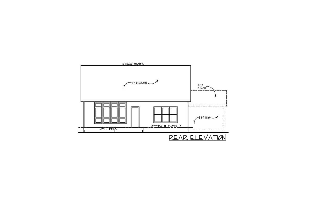 Rear elevation floor plan showing a house with a roof, windows, a door, an optional deck, and an optional 3-car garage.
