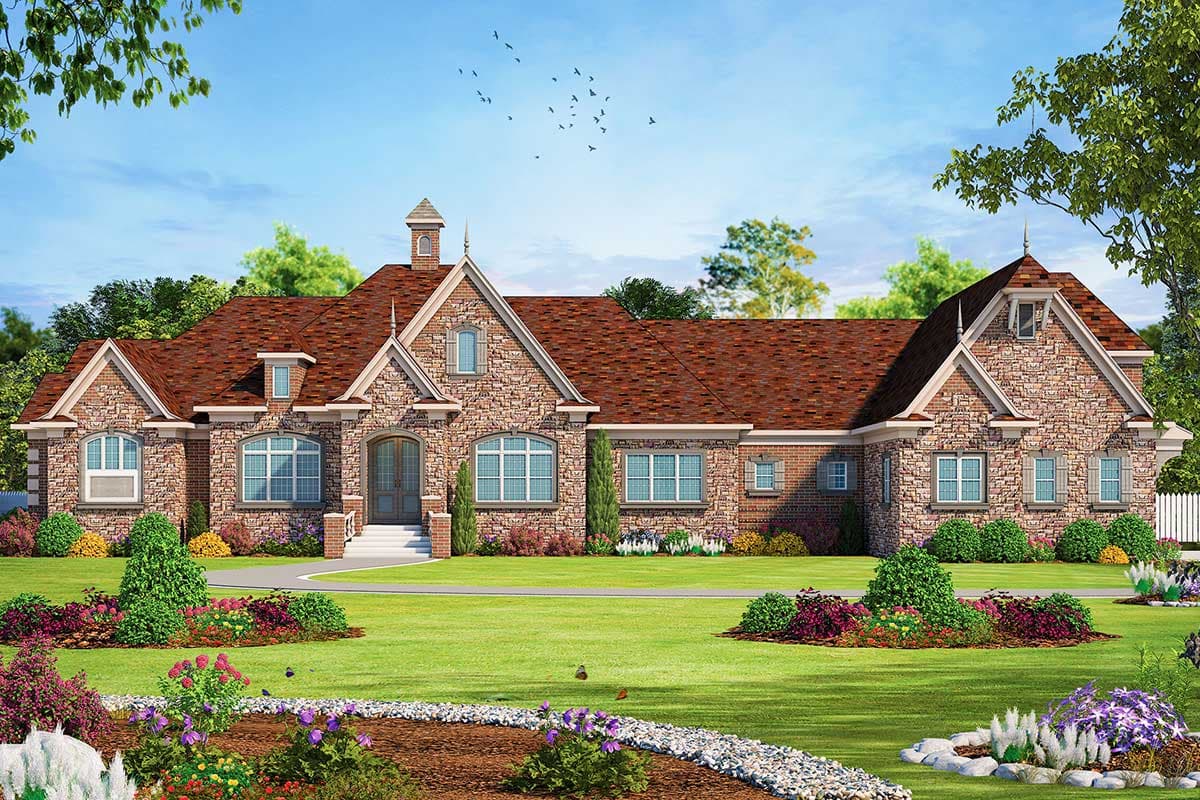 House plan exterior with stone veneer, multiple gables, and a prominent roofline. Features a front-facing entry and dormer windows.