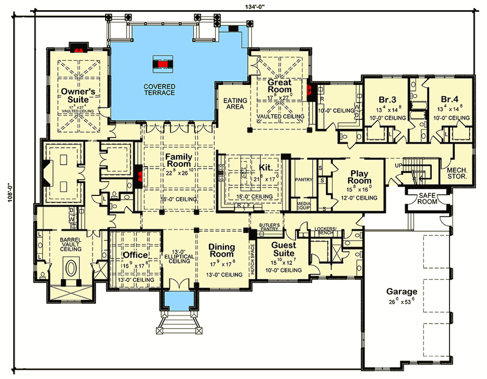 Plan 42568DB: Stunning 4-Bedroom French Country House Plan with Covered Terrace and Guest Suite - Floor Plan - Main Level - European, French Country, Traditional
